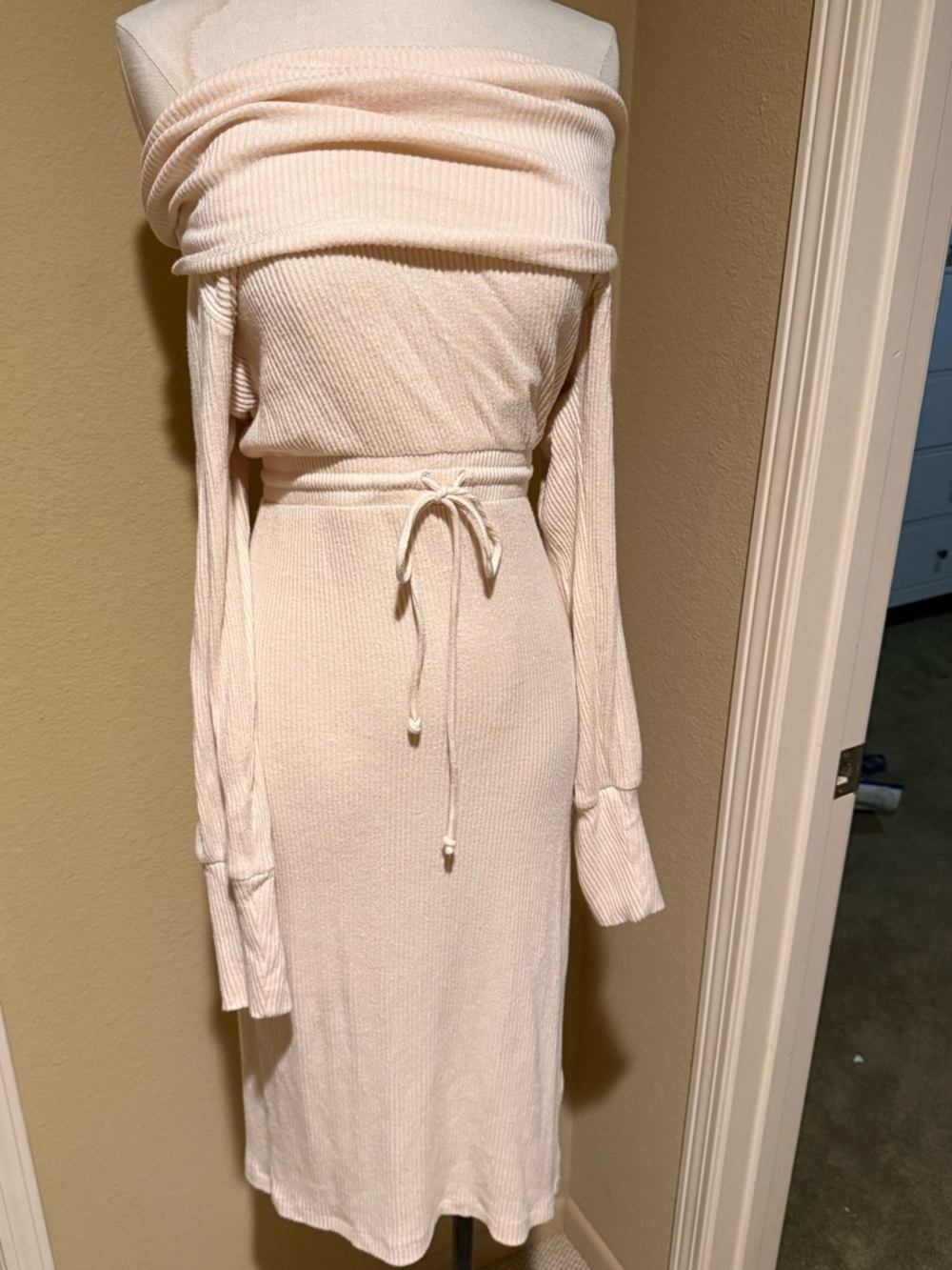 Anthropologie Cream Ribbed Off-Shoulder Tie-Waist Maxi Dress